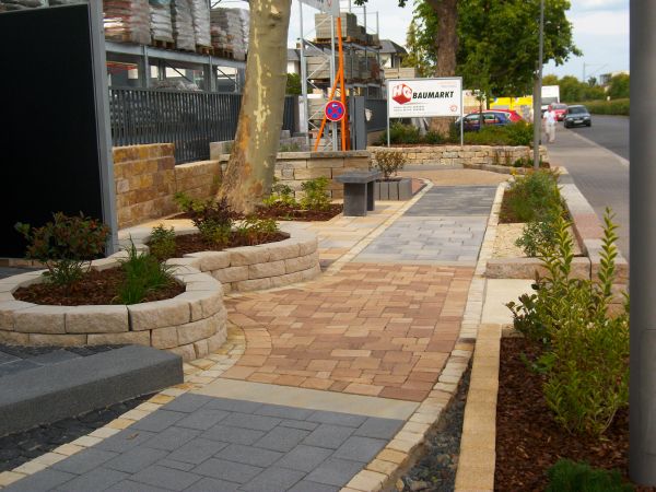 Gepflasterter Gehweg mit Pflanzen und Steinumrandung