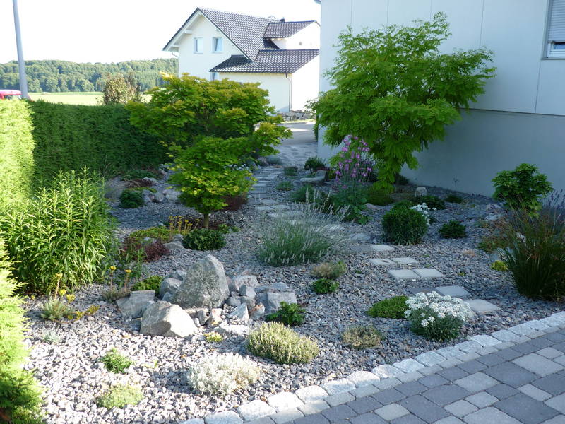 Steingarten mit Gehweg und grünen Pflanzen